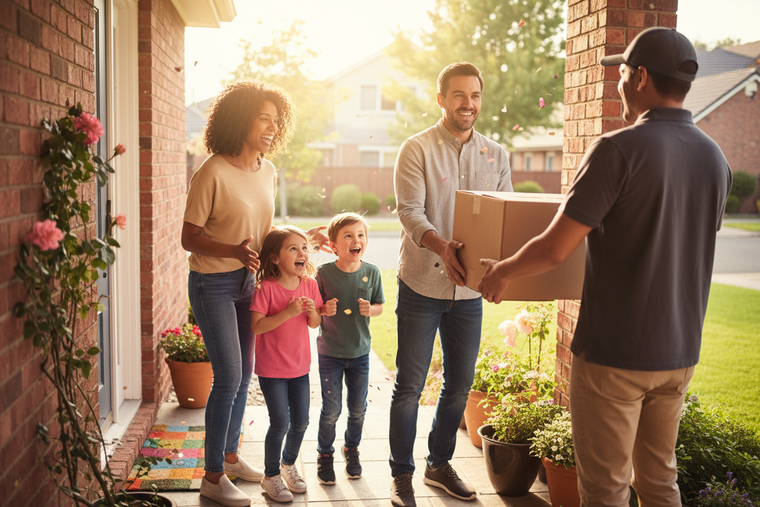 familia feliz recibiendo encomienda